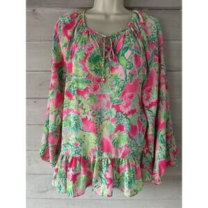 Lilly Pulitzer 100% Polyester Pink And Green Safari Blouse Size Medium